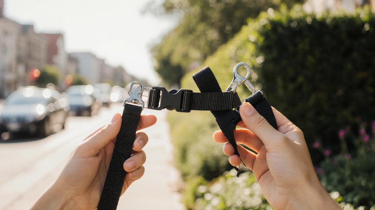 Hands holding a quick-release collar and a dual-clip harness side by side.