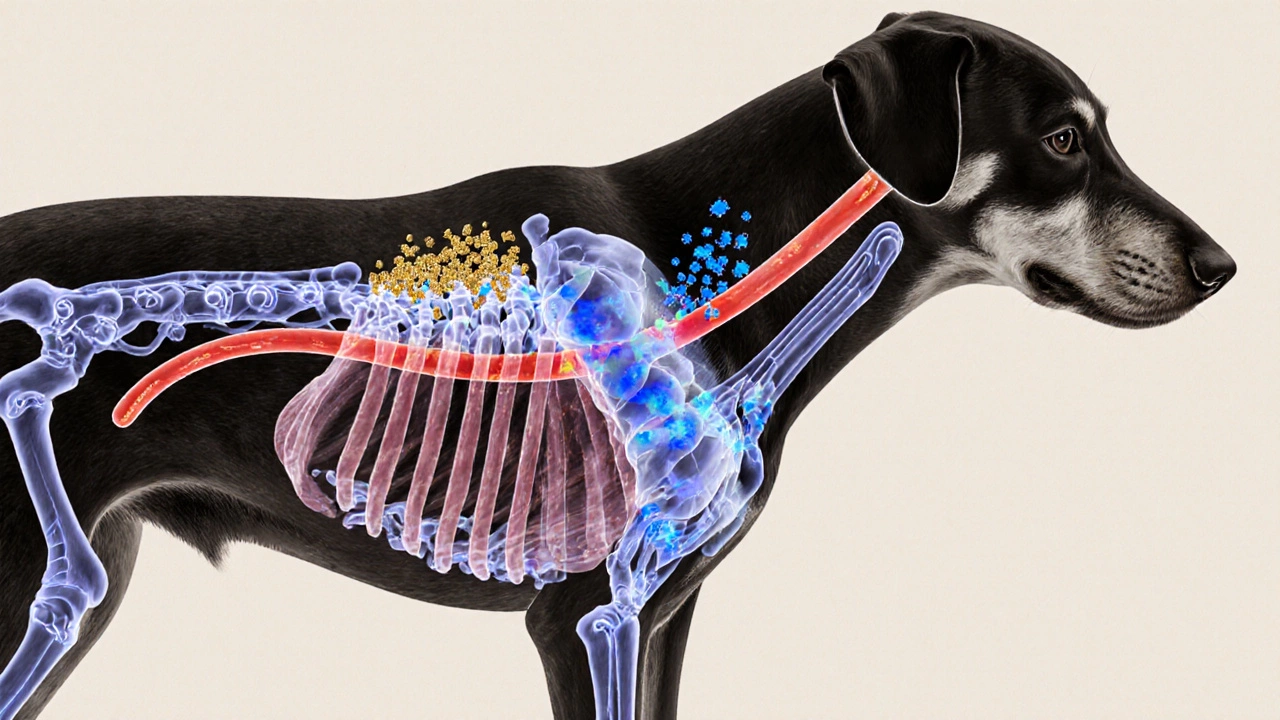 Illustration of omega-3 fatty acids supporting a dog’s joints and skin from within.