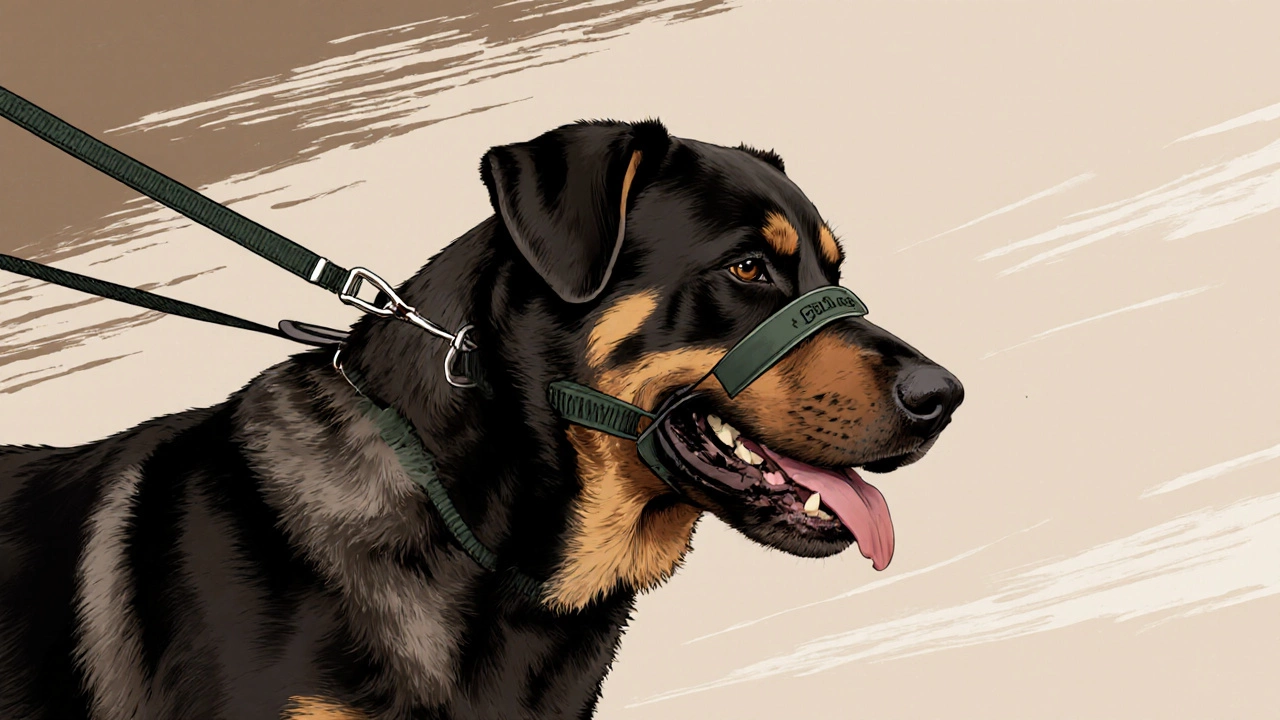 Large dog wearing a head halter, gently guided by owner during a walk.