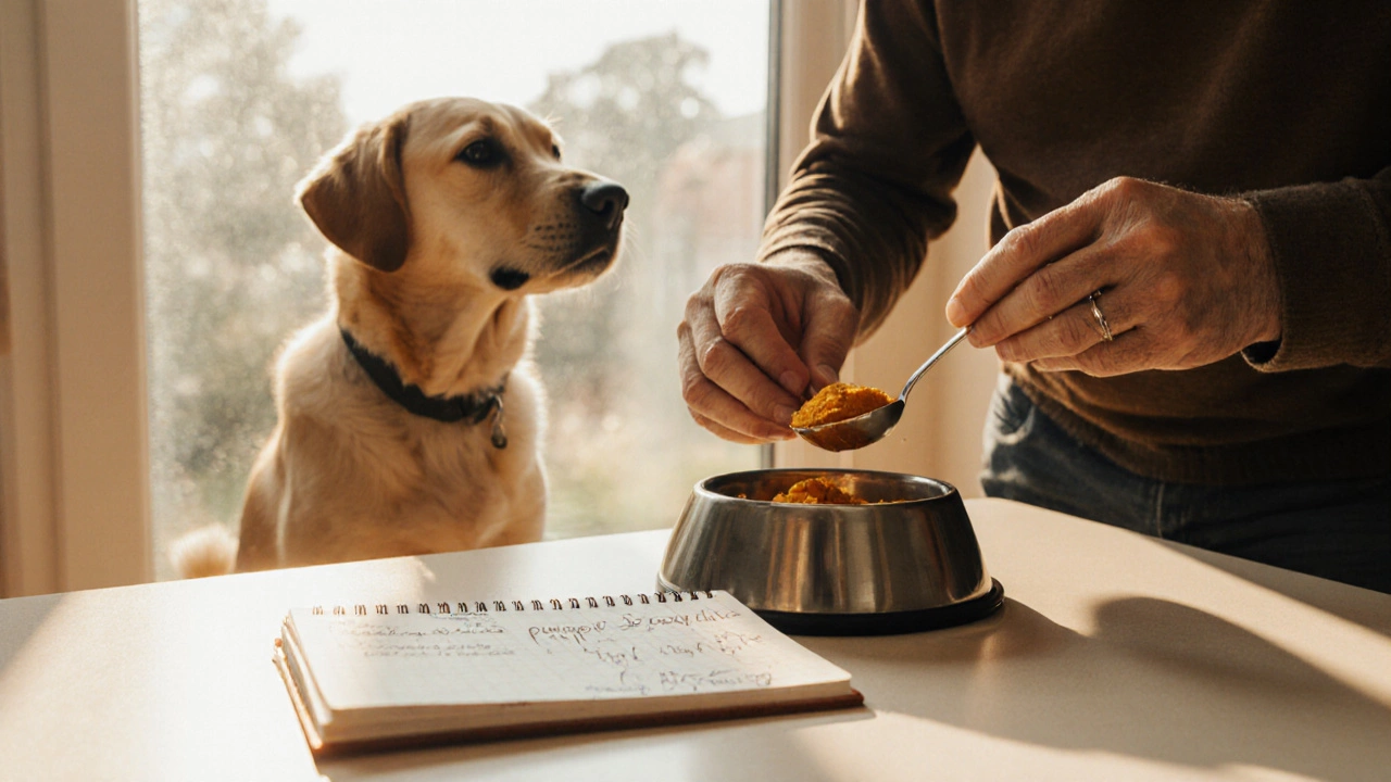 Man adding pumpkin to dog&#039;s food with poop journal visible on table.