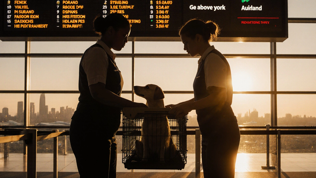 Owner handing over a pet crate to airline staff at an international terminal.