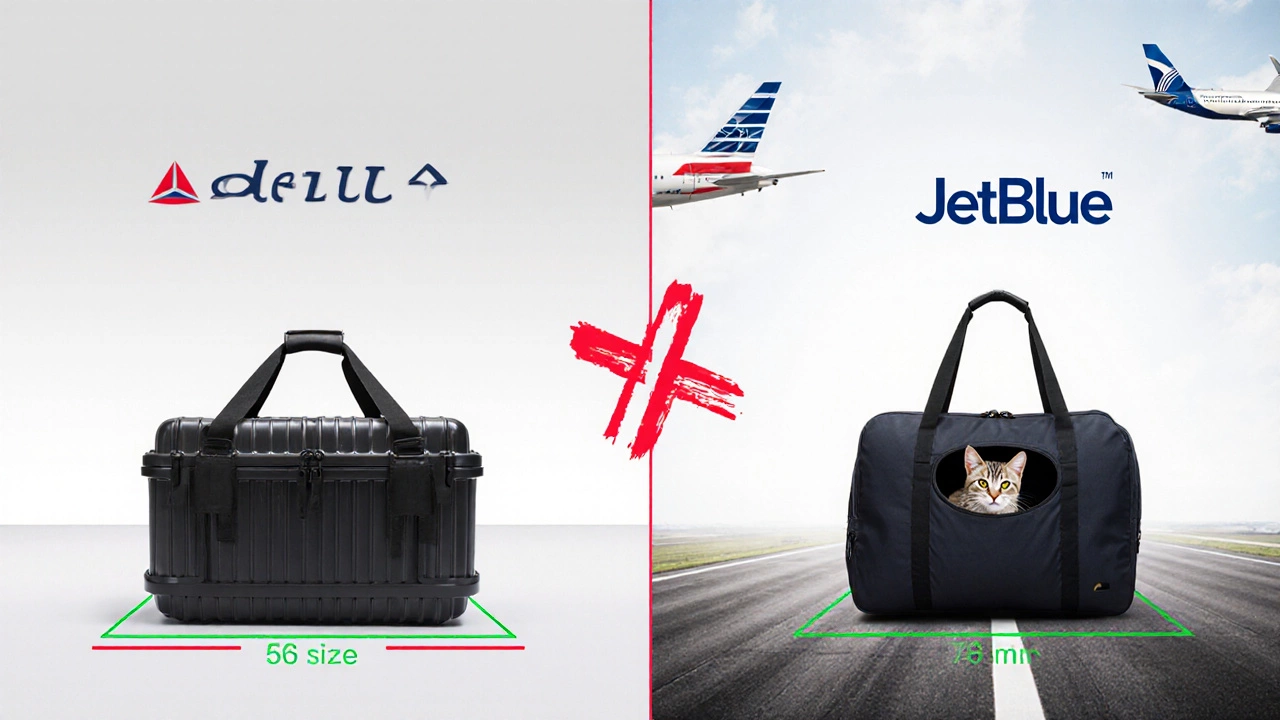 Soft-sided carrier fitting into airline sizer box versus hard-sided carrier being rejected.