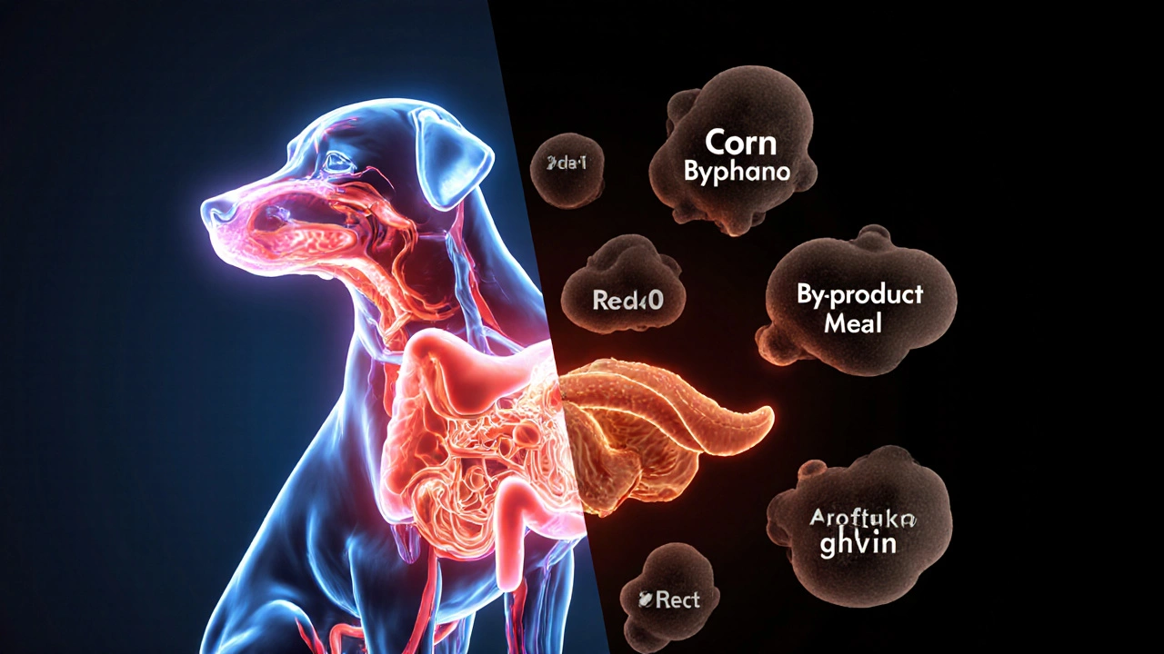 Split illustration showing healthy dog organs vs. damaged ones caused by corn and artificial additives.