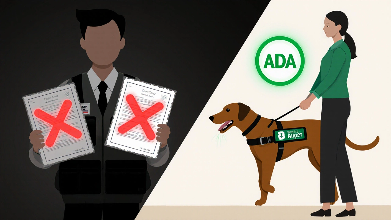 Split image: fake service dog paperwork with red crosses versus real service dog performing a medical task, ADA symbol in background.