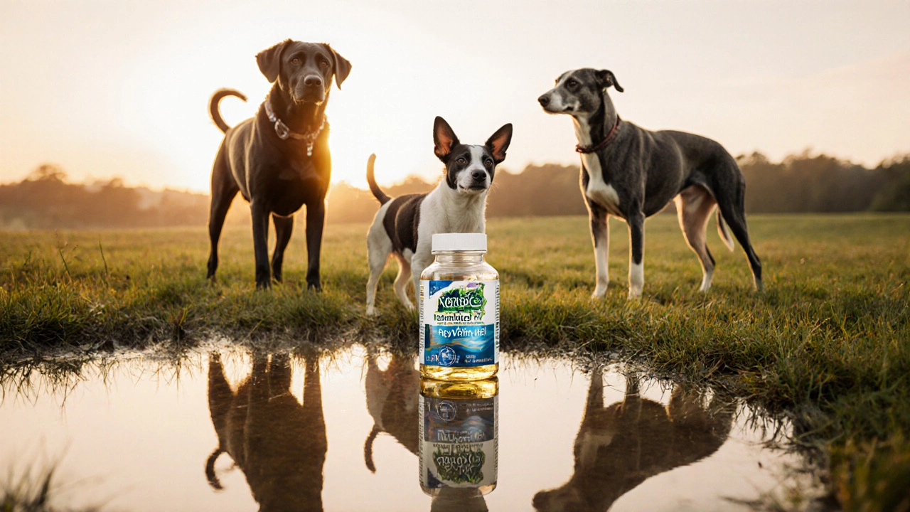 Three dogs of different breeds relaxed together in a sunlit field at golden hour.
