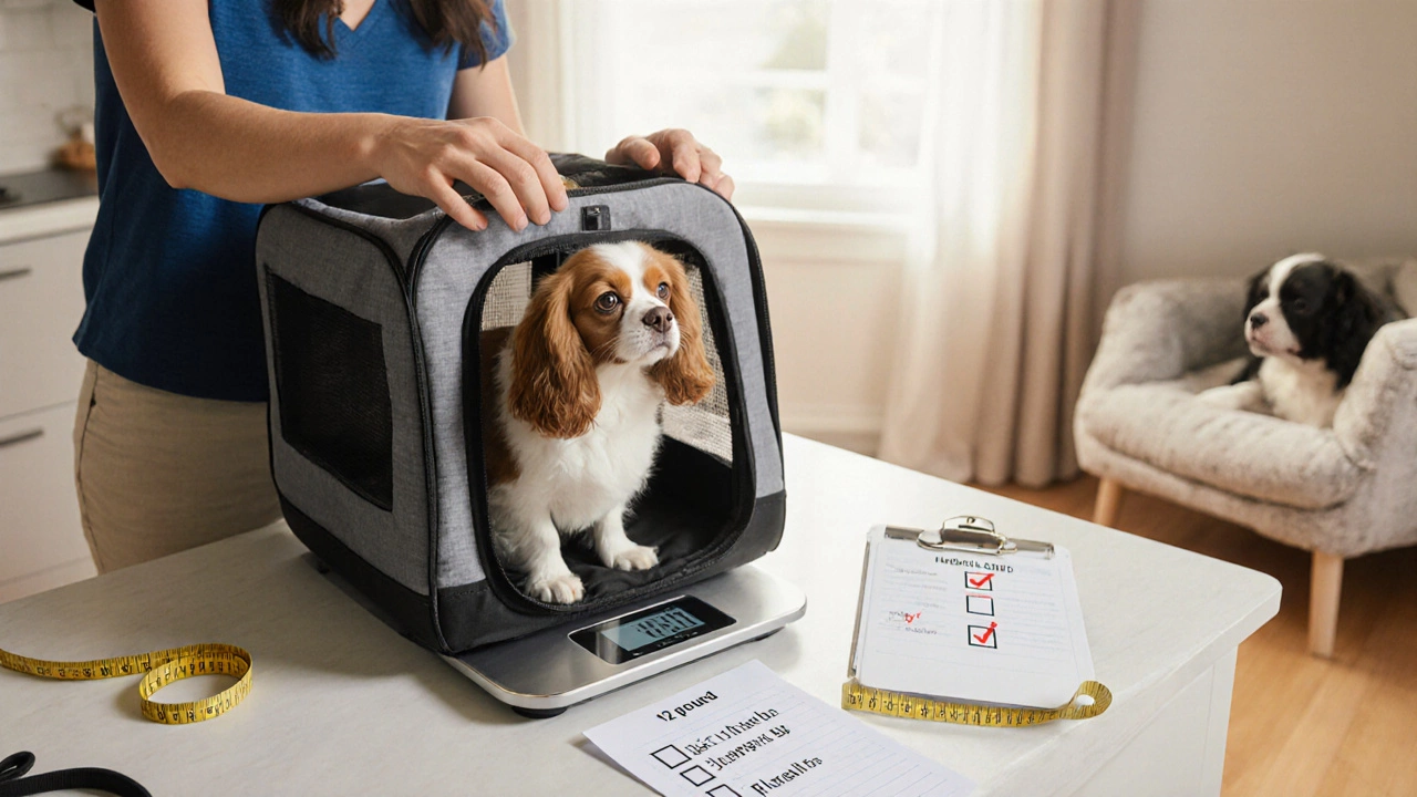 Traveler weighing a small dog and its carrier at home with a tape measure and checklist nearby.