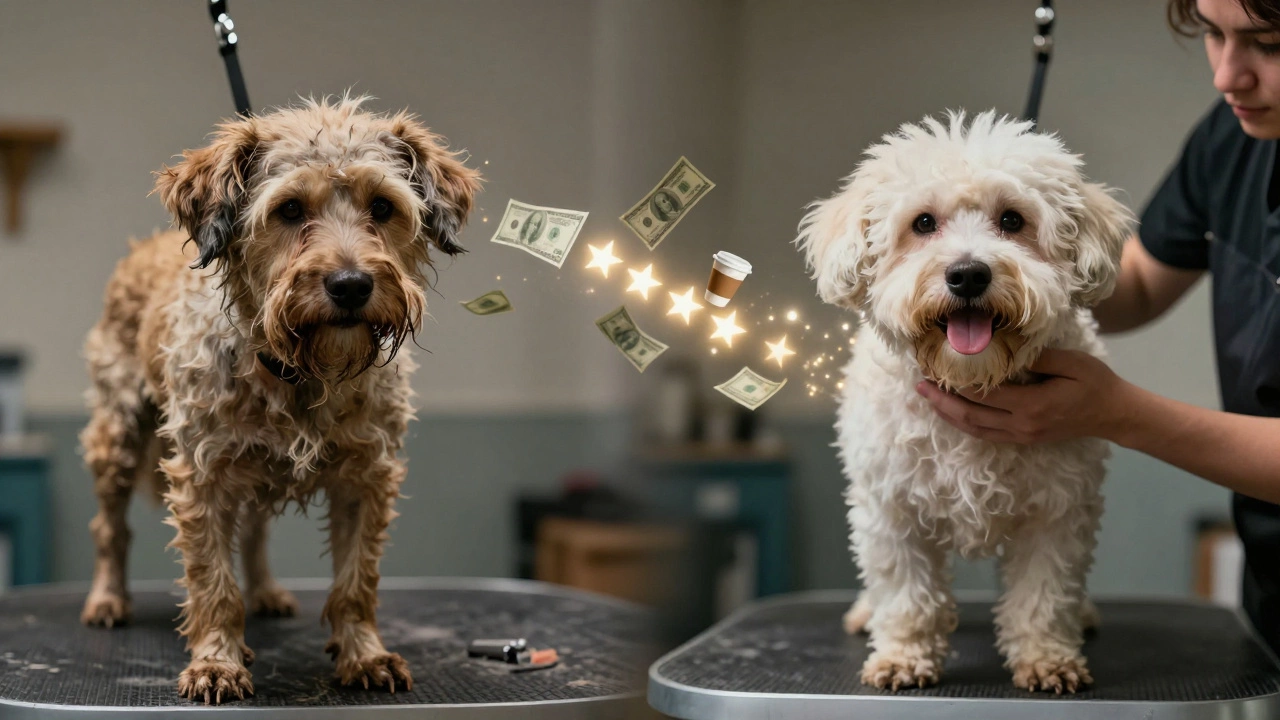 A before-and-after transformation of a dog, with care symbols like money, coffee, and reviews connecting the two sides.