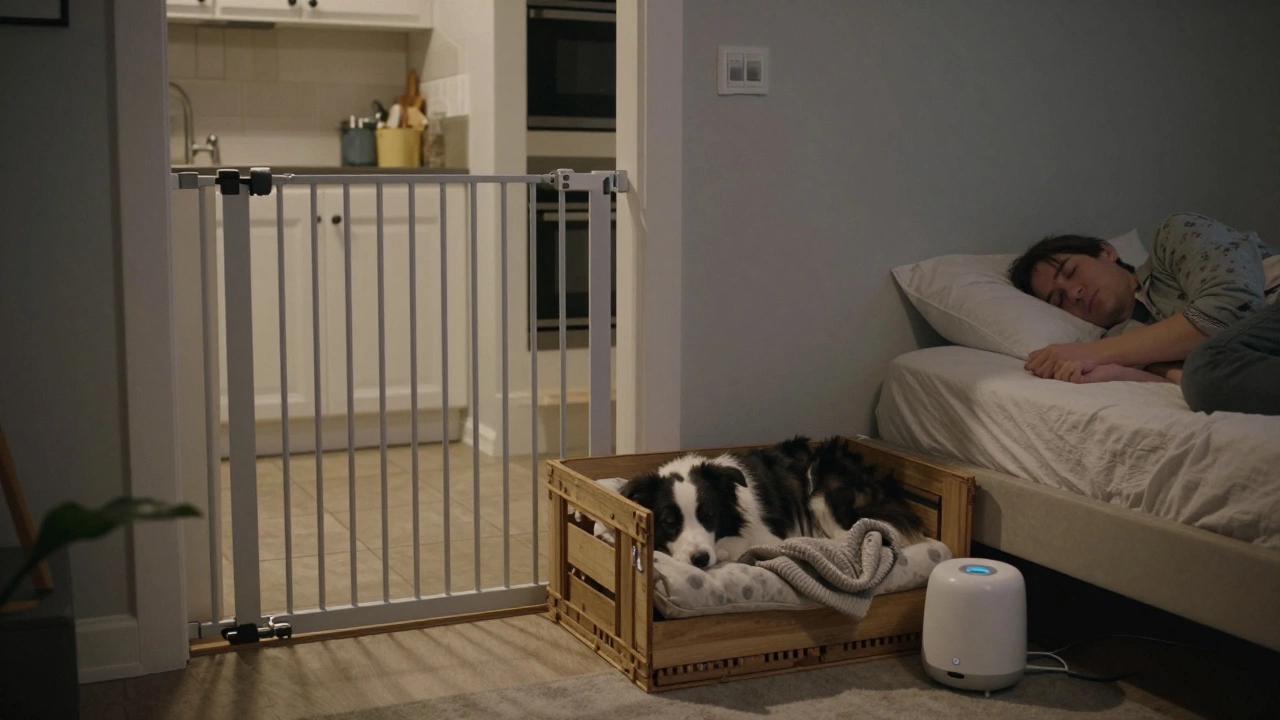 A Border Collie resting calmly in a cozy crate near a bed, with a baby gate blocking off risky areas of the home.