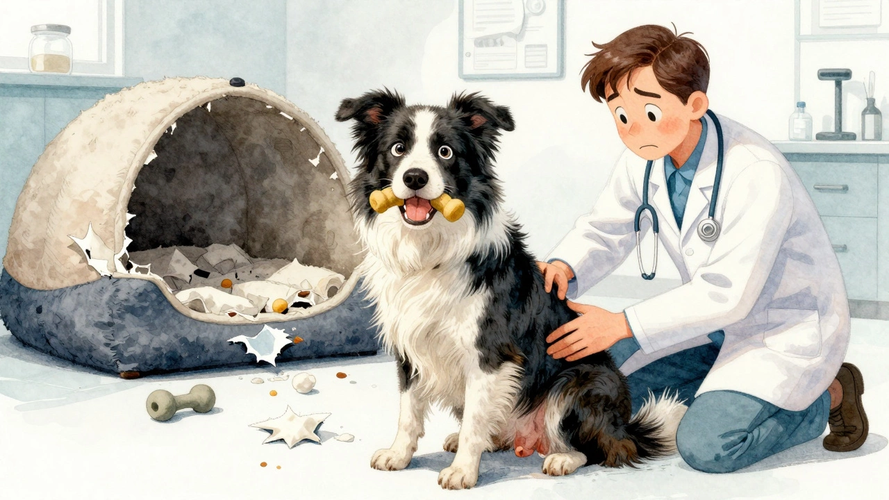 A Border Collie with foam bits near its mouth while a vet examines it, a shredded bed nearby.