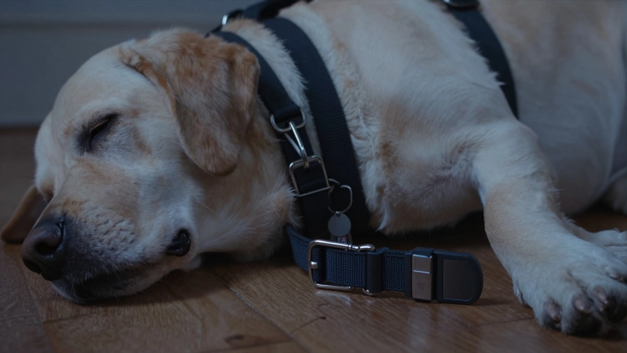 A breakaway collar rests beside a sleeping dog, its safety buckle visible on the floor.