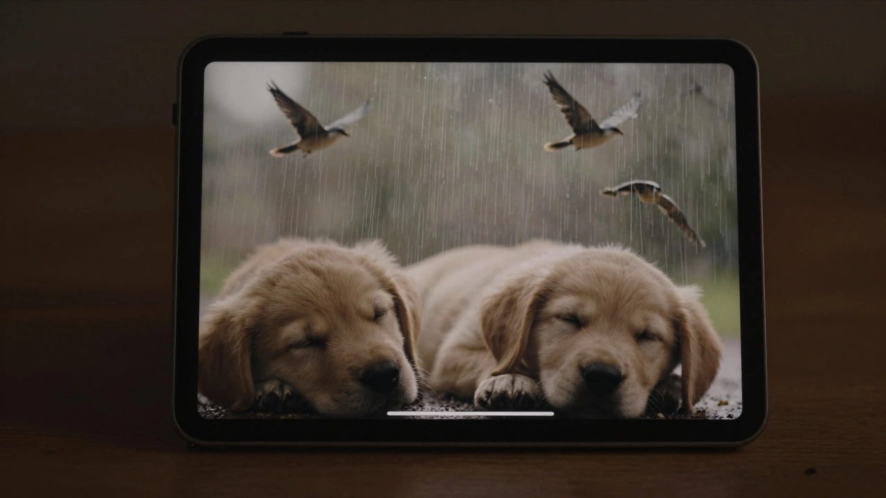 A calming dog-specific audio display projects gentle rain and birds while a puppy rests nearby.
