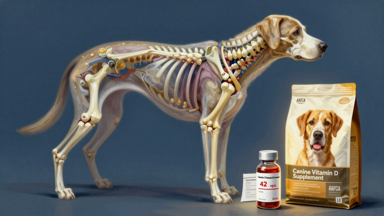 A dog&#039;s internal bones glow dimly beside a low vitamin D blood test result and a certified dog food bag.