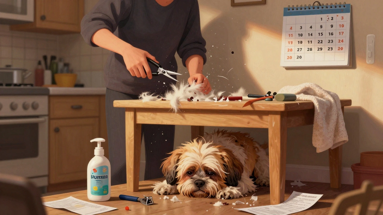 A dog owner struggling with clippers in a messy kitchen as their matted dog hides under the table.
