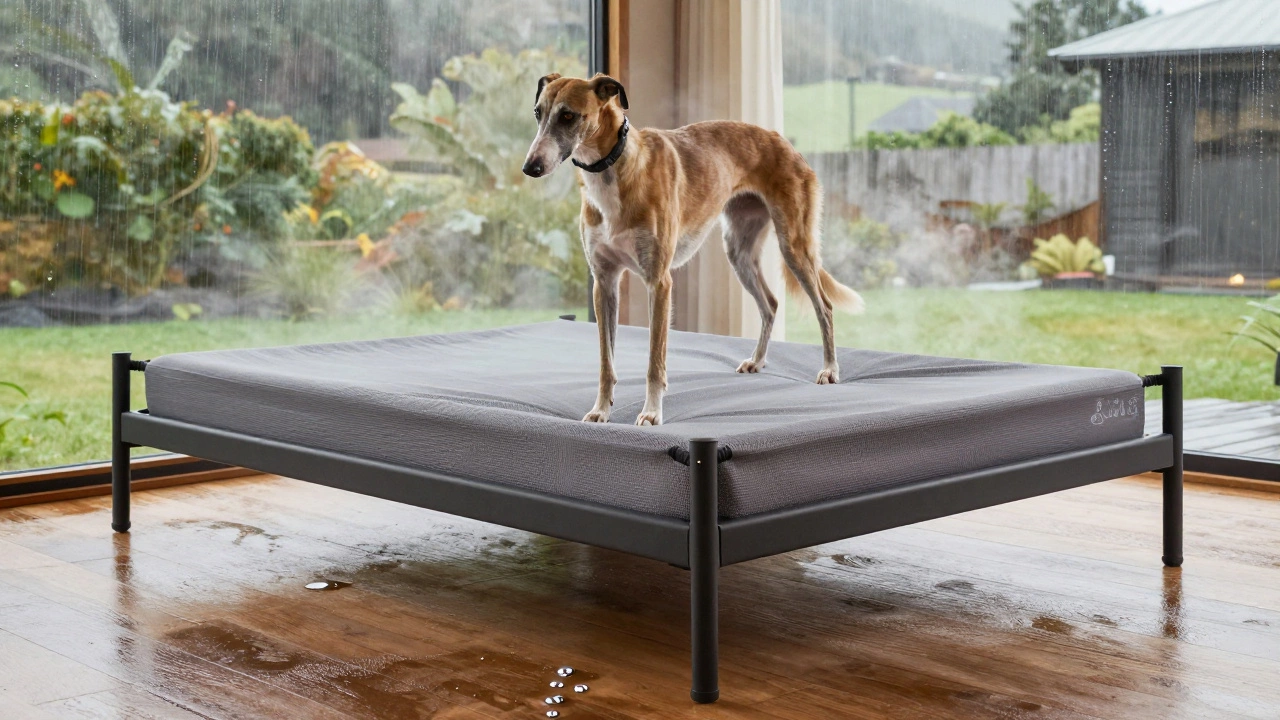 A Greyhound standing on an elevated cot bed with air circulating underneath.