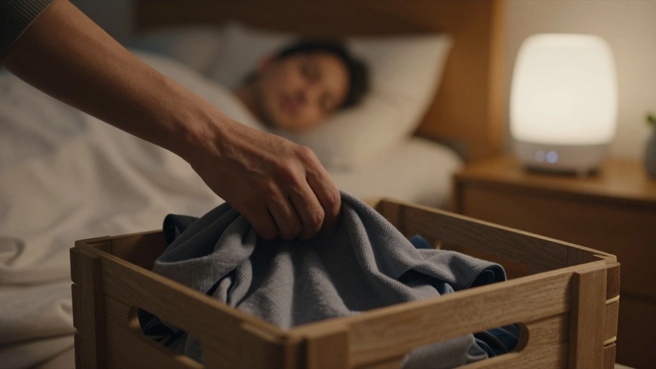 A hand placing a shirt into a puppy&#039;s crate at night, near a quiet bedroom with soft lighting.