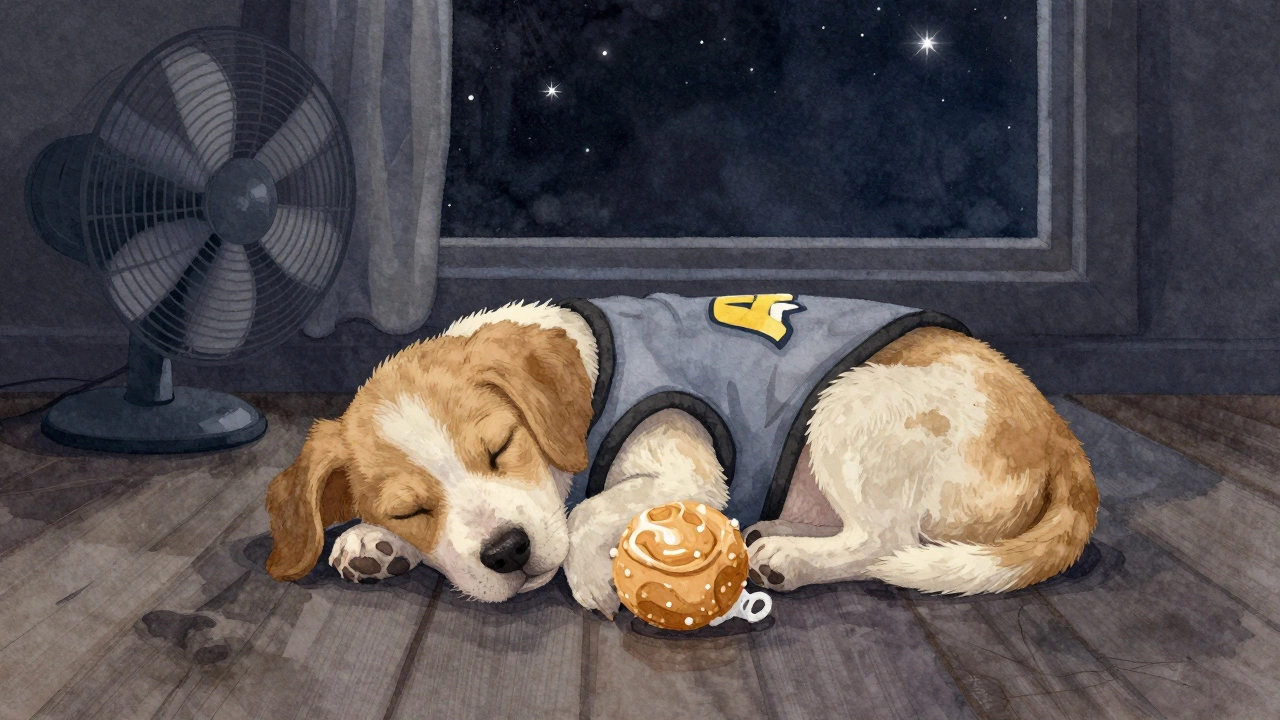 A puppy curled up in a calming wrap with a frozen toy, in a quiet, dark room with a fan running.