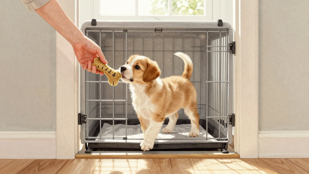 A puppy happily approaches a crate, offered a treat by a hand in sunlight.