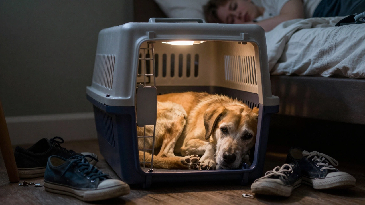 A rescue dog rests calmly in a crate beside a sleeping person at night.