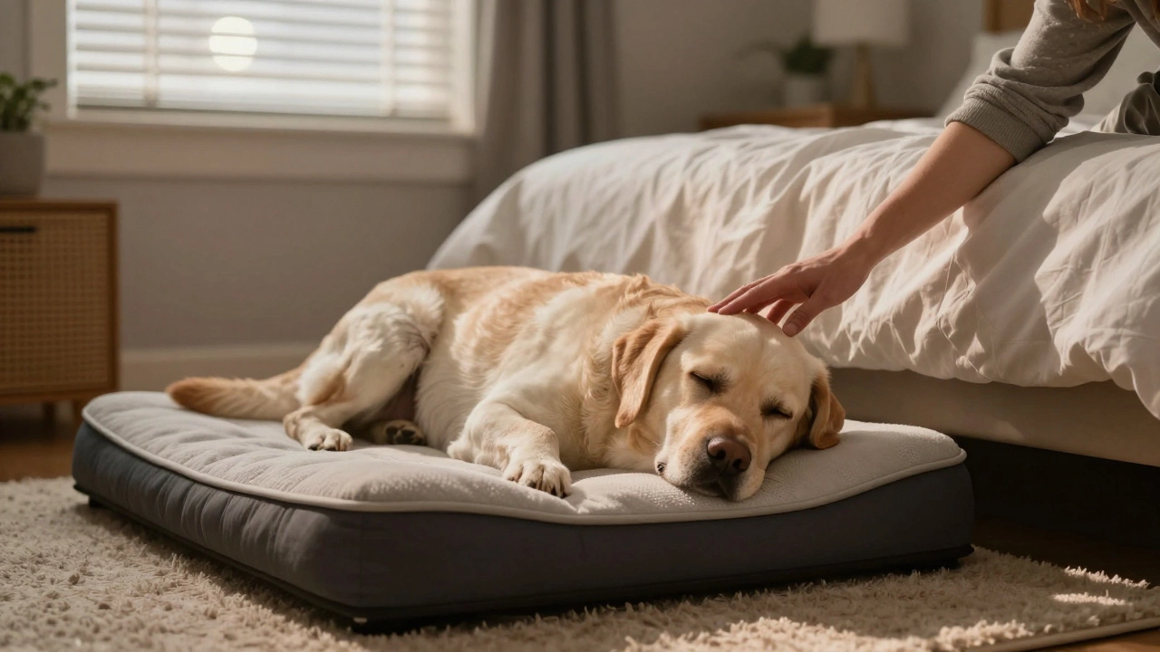 A senior dog sleeping beside a bed in a quiet bedroom, bathed in soft moonlight.