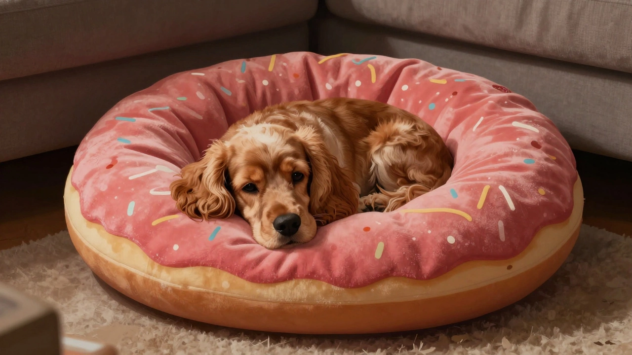 A small dog curled securely inside a circular bolster bed for comfort.