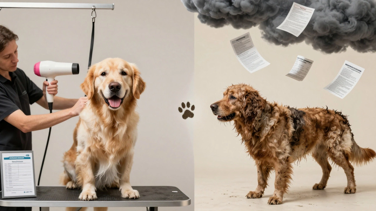 A split image showing a healthy groomed dog versus a matted, unhealthy dog with medical bills floating above.