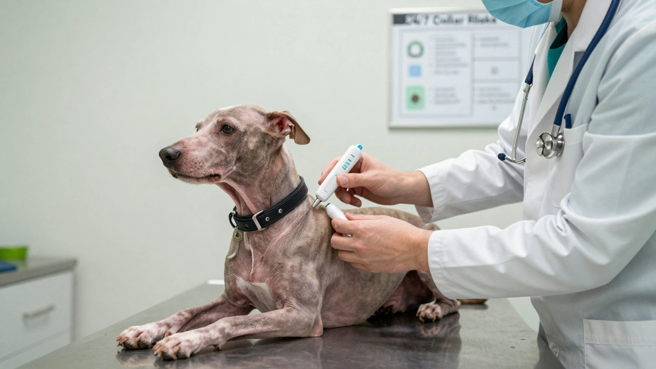 A veterinarian examines a senior dog’s neck while holding a collar and microchip scanner.