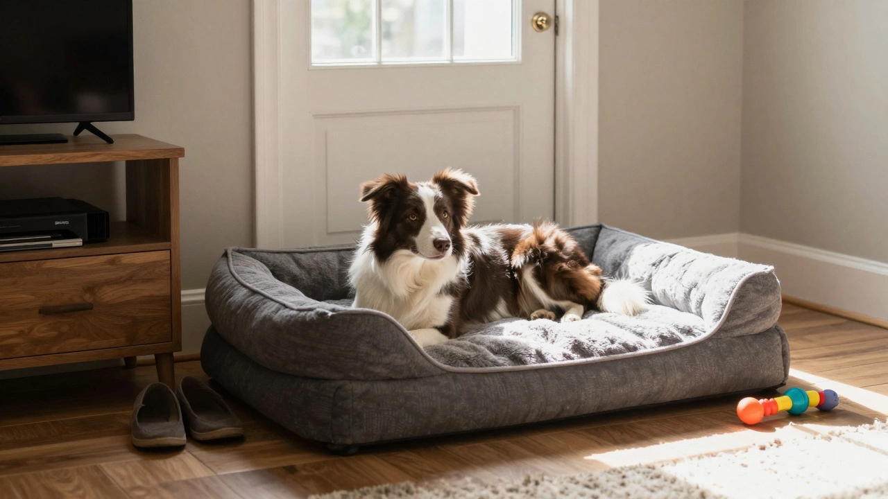 A young dog stretched out on a matching orthopedic bed in a calm corner of a sunlit living room.