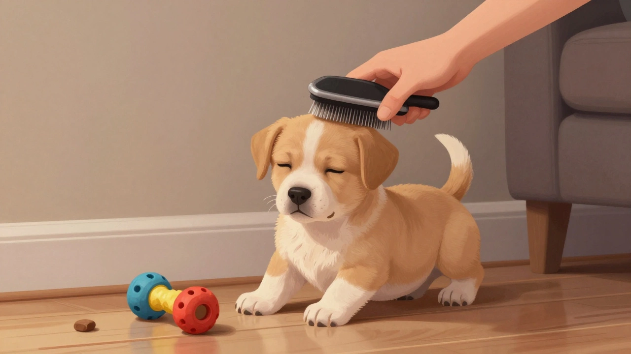 A young puppy being gently brushed during a calming nighttime wind-down routine.