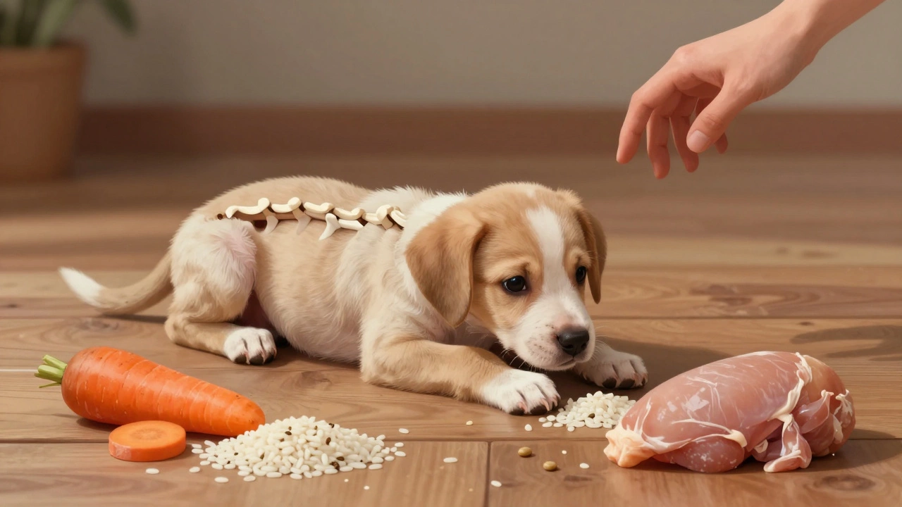 A young puppy with bowed legs lies on the floor surrounded by unbalanced homemade ingredients.