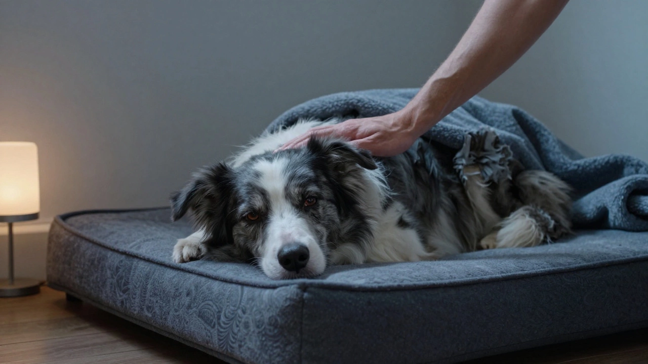 An older Border Collie resting on an orthopedic bed with a hand offering a soothing massage.