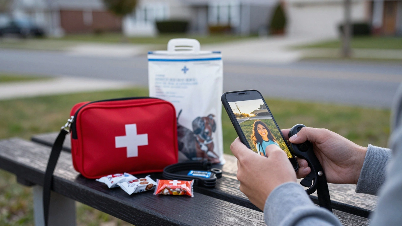 Close-up of a dog walker's hands texting a photo update with pet supplies on a bench.