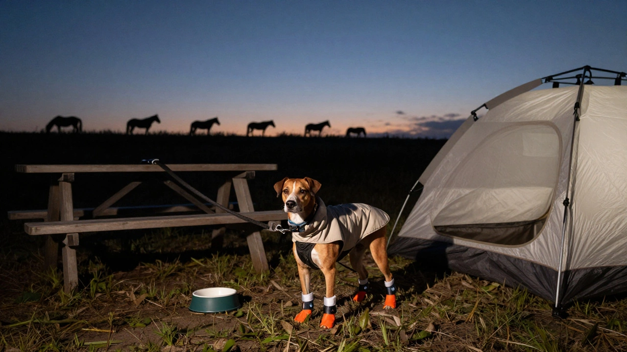 Dog at campsite with water bowl and booties, wild horses silhouetted at dusk.