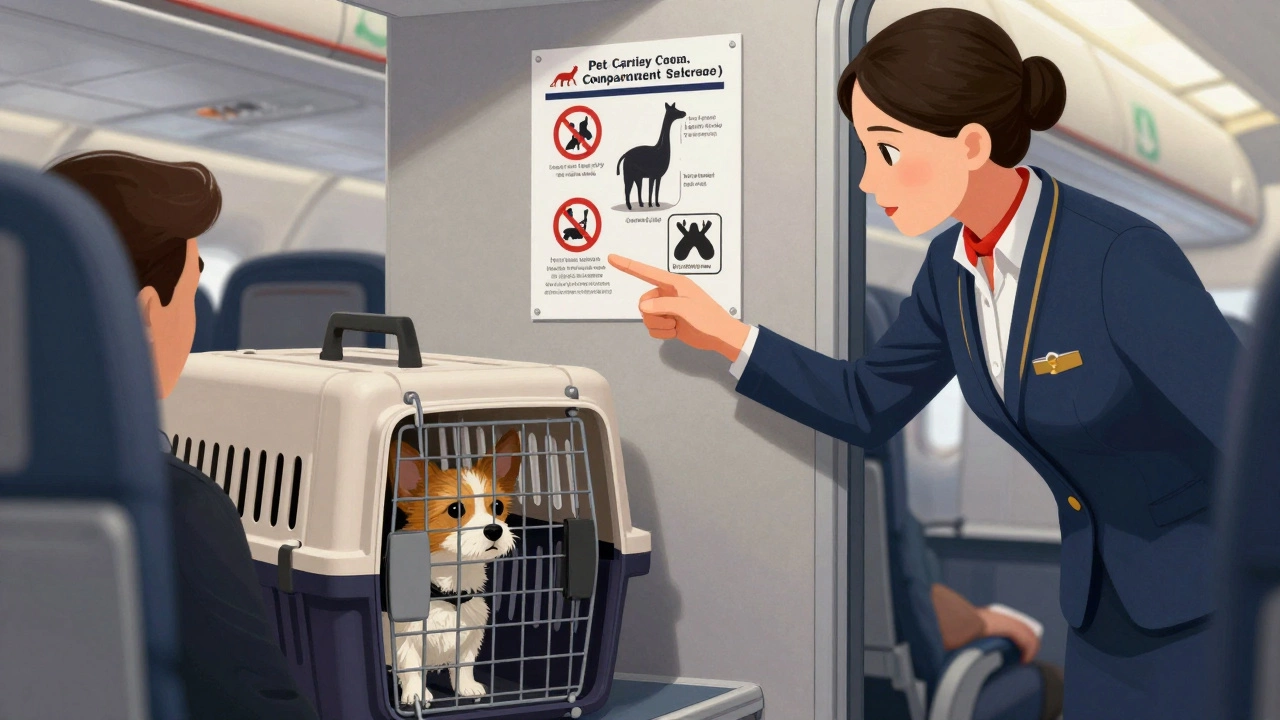 Flight attendant stopping a passenger from taking their dog out of its carrier.