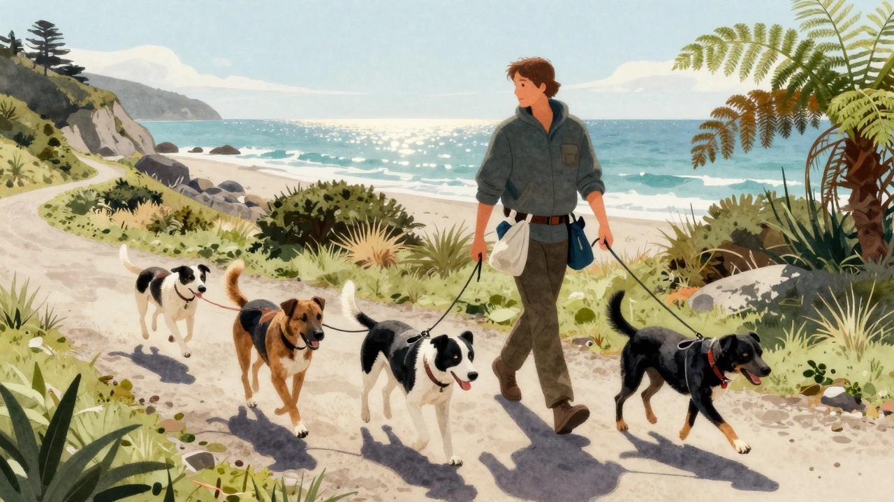 Professional dog walker guiding four dogs along a coastal path in New Zealand.
