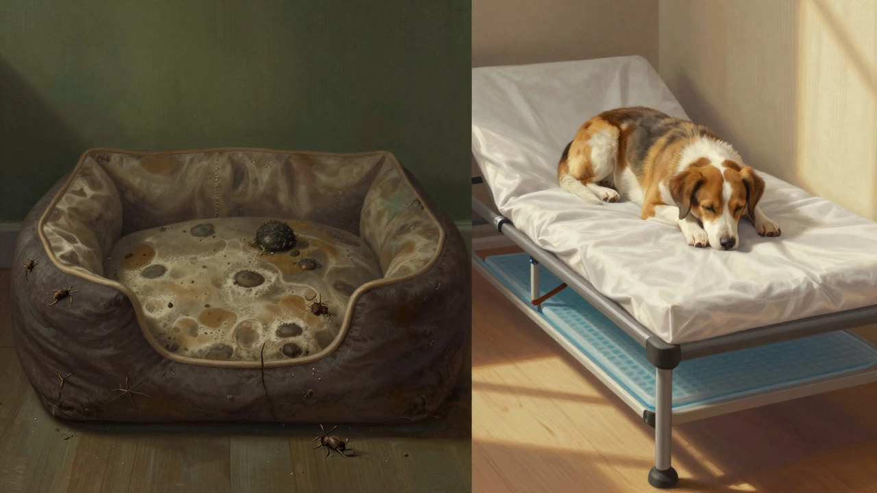 Split image: moldy, infested dog bed on left, clean orthopedic bed with cooling layer on right.