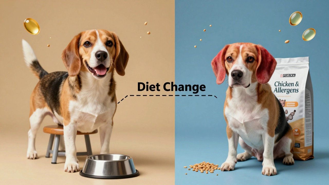 Split image of a Beagle healthy on Purina One versus itchy and uncomfortable with allergens.