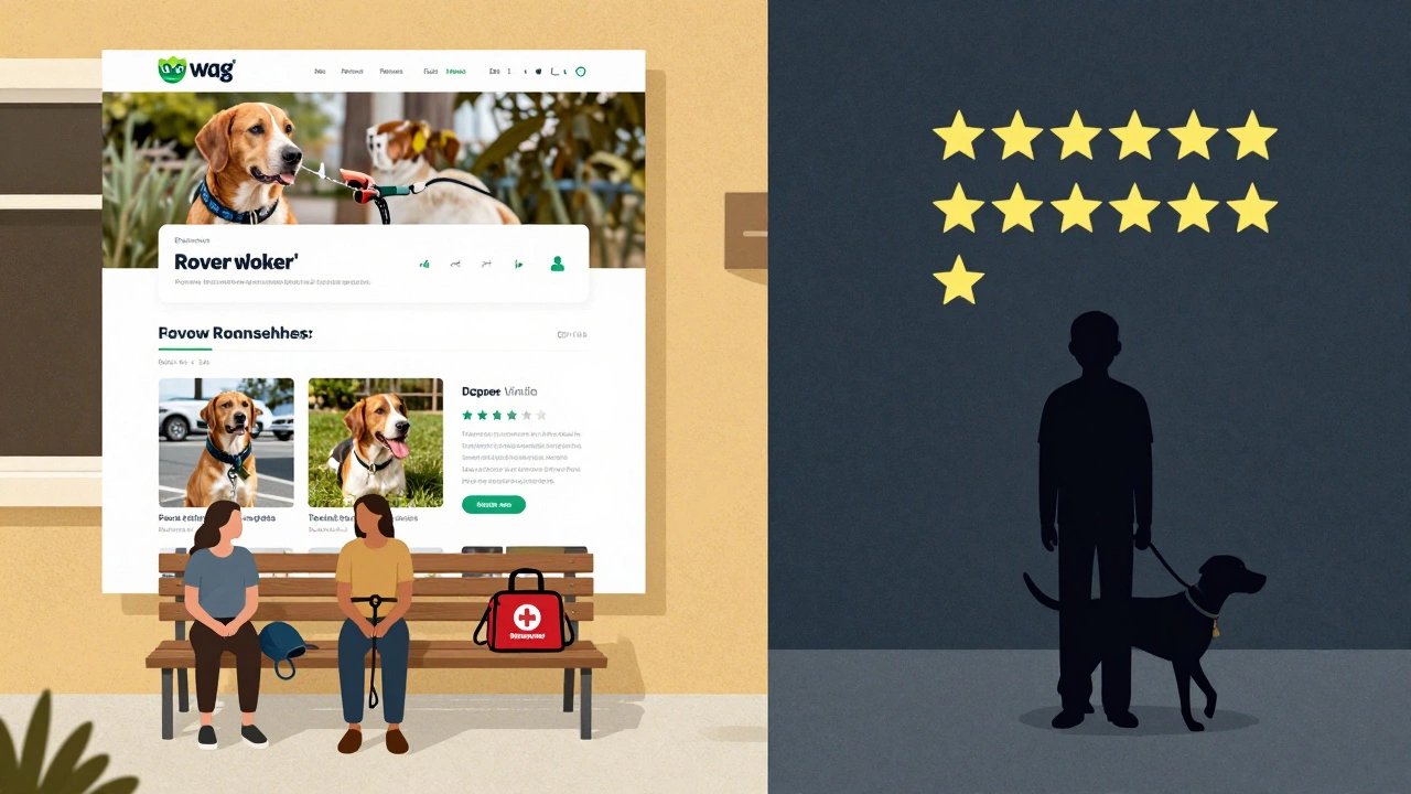 Split image showing thriving Rover business vs. anonymous Wag gig work.