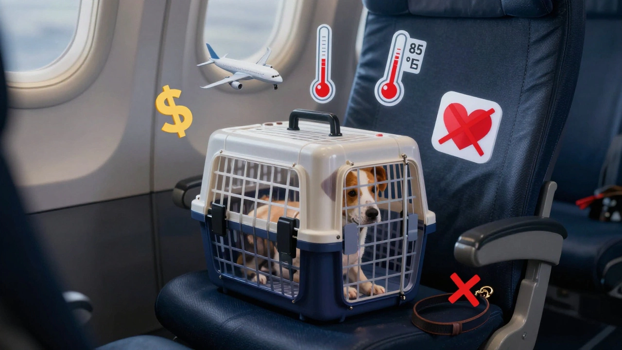 Symbolic under-seat scene showing pet travel costs, rules, and restrictions.
