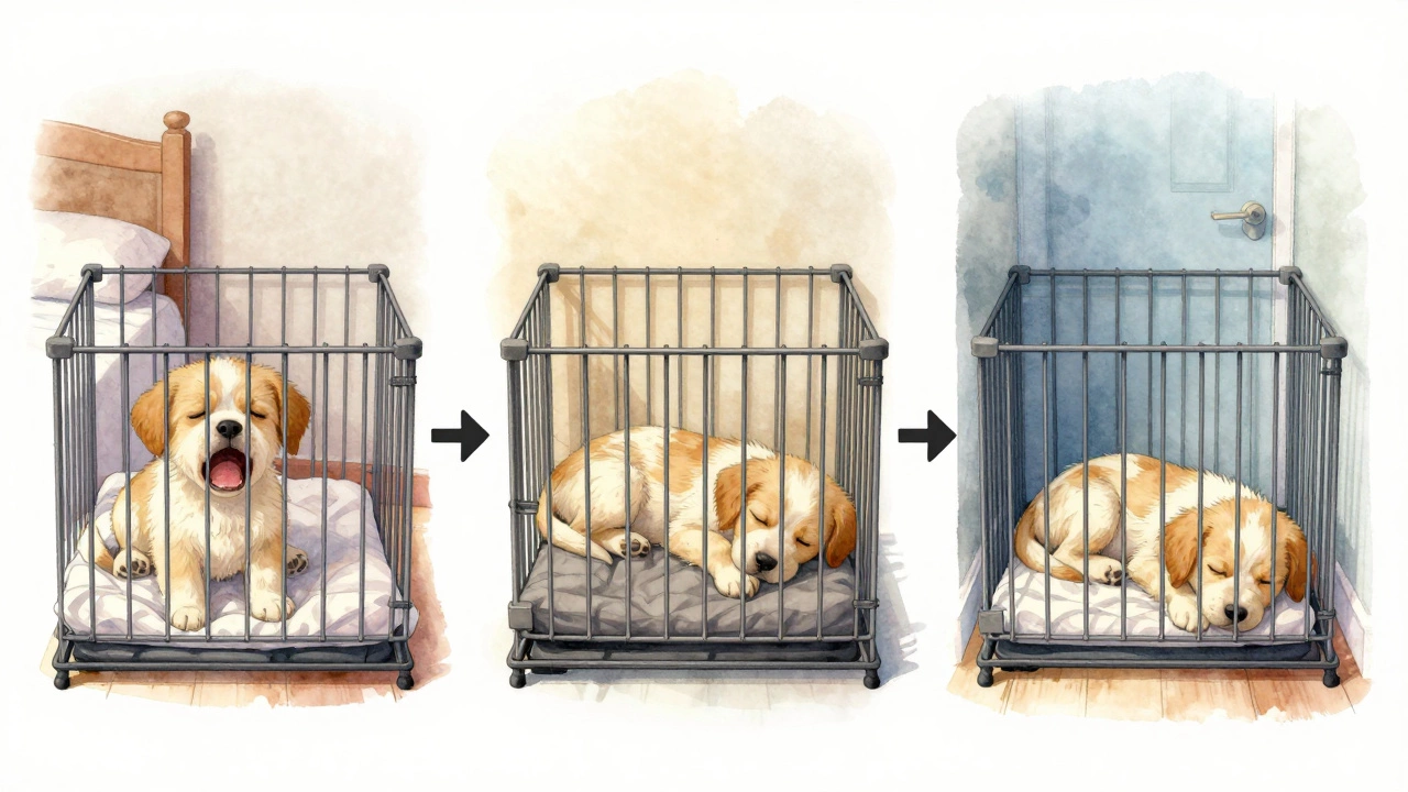 Three panels showing a puppy&#039;s crate moving from bedroom to hallway as the puppy sleeps more calmly over time.