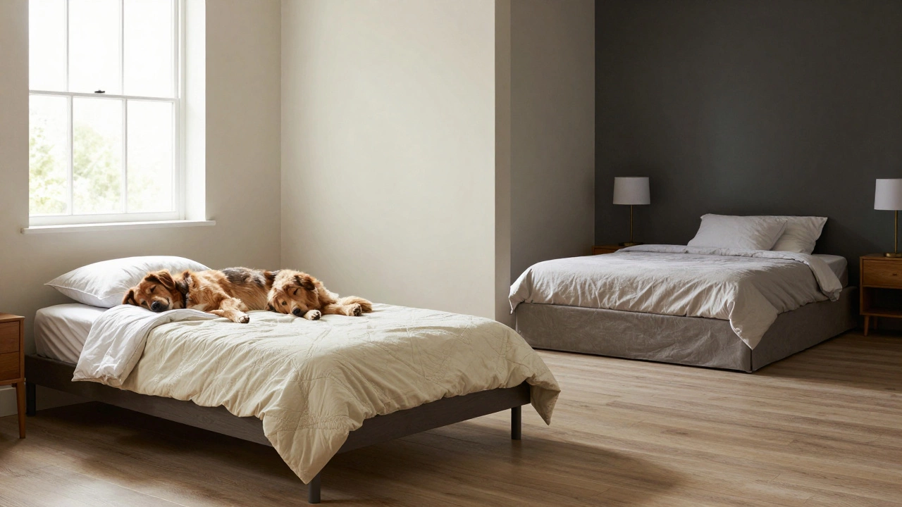 Two dog beds in different rooms—one in the living room, one in the bedroom—showing a dual-location setup.