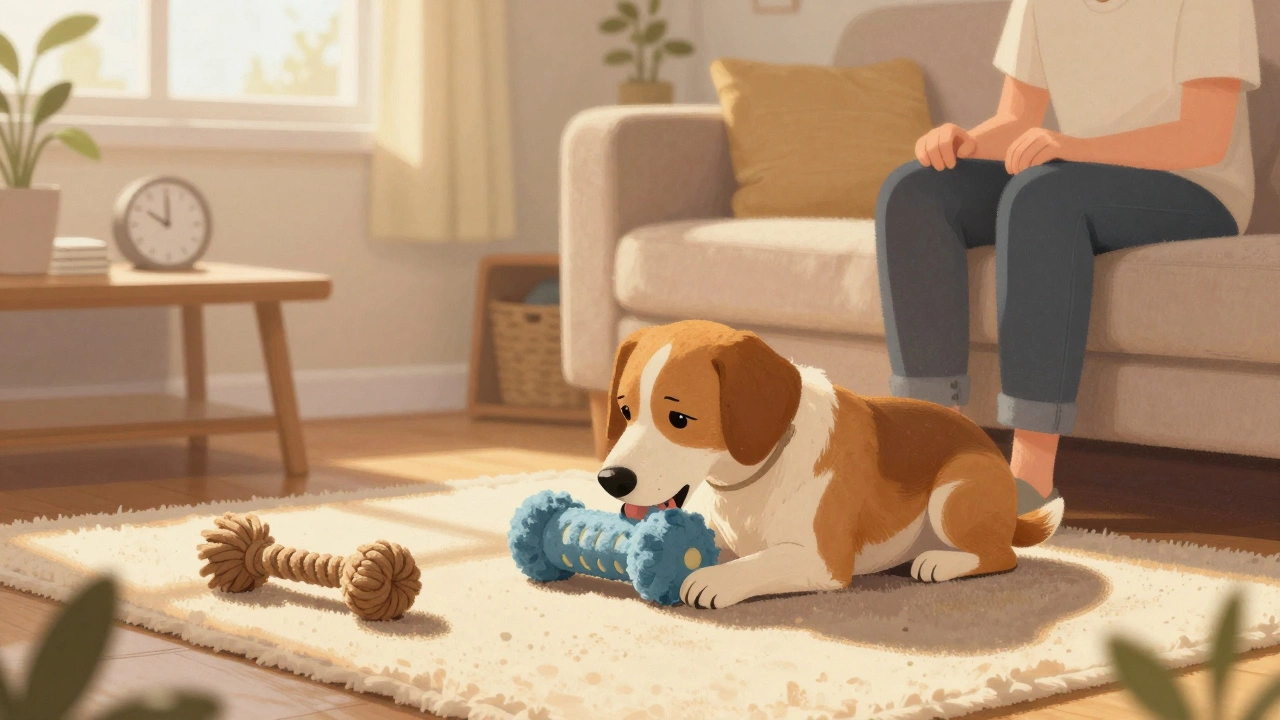 A dog calmly chewing a stuffed Kong toy near a person on a couch in a peaceful home.