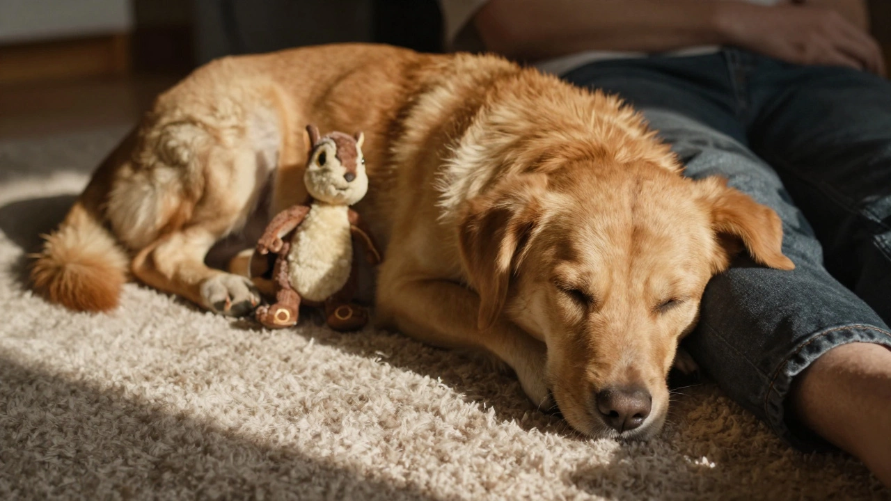 A dog sleeping peacefully beside a person's feet, a toy resting on their lap.