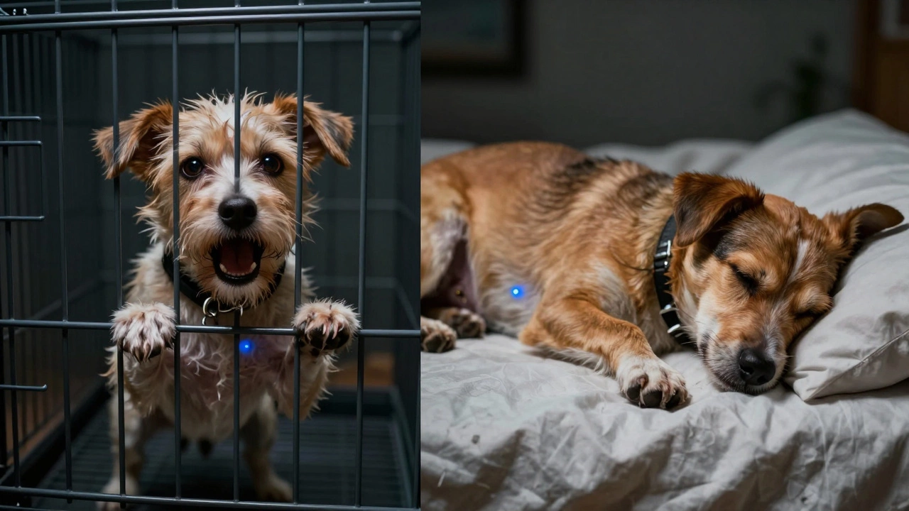 A dog trapped by its collar on a crate bar versus the same dog sleeping safely without it.