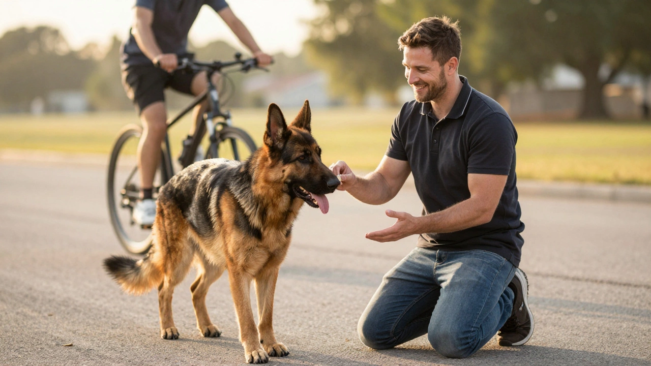 A trainer gives a treat to a calm dog walking past a cyclist, no equipment used.