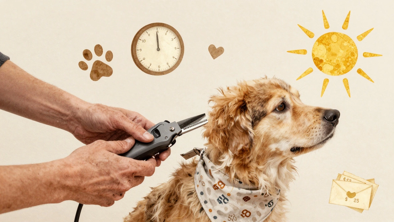 Artistic hands of a dog groomer holding tools and a bandana, surrounded by symbolic icons of care and effort.