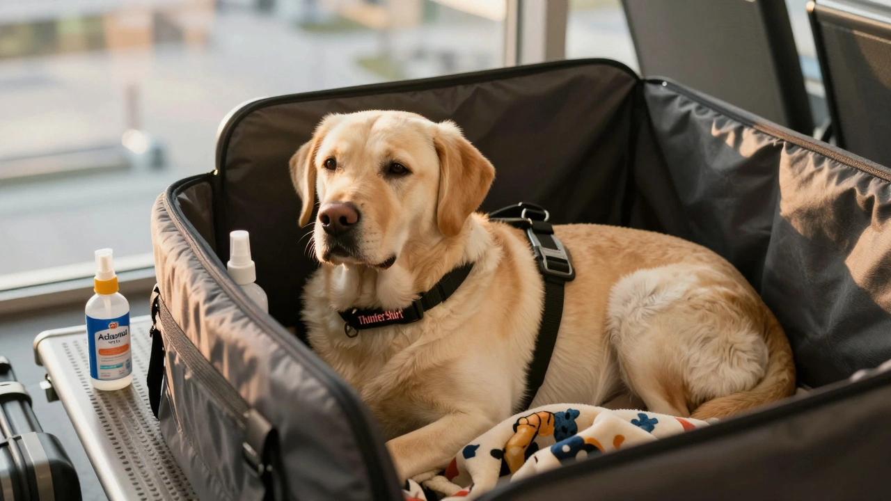 Calm Labrador in carrier with ThunderShirt and familiar blanket at airport gate.