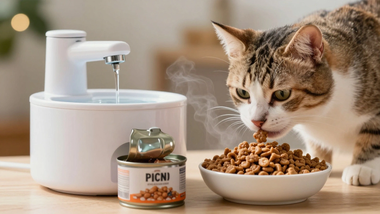 Cat drinking from a water fountain beside wet and dry food.