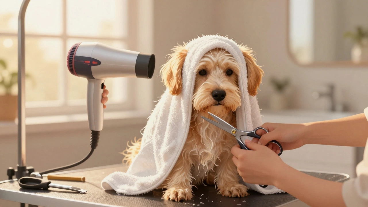 Dog being blow-dried after a bath, with scissors ready for precise trimming around the paws.