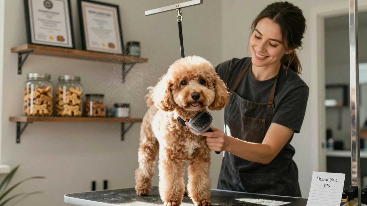 Dog owner smiling while receiving a groomed cockapoo from a groomer holding a thank-you note.