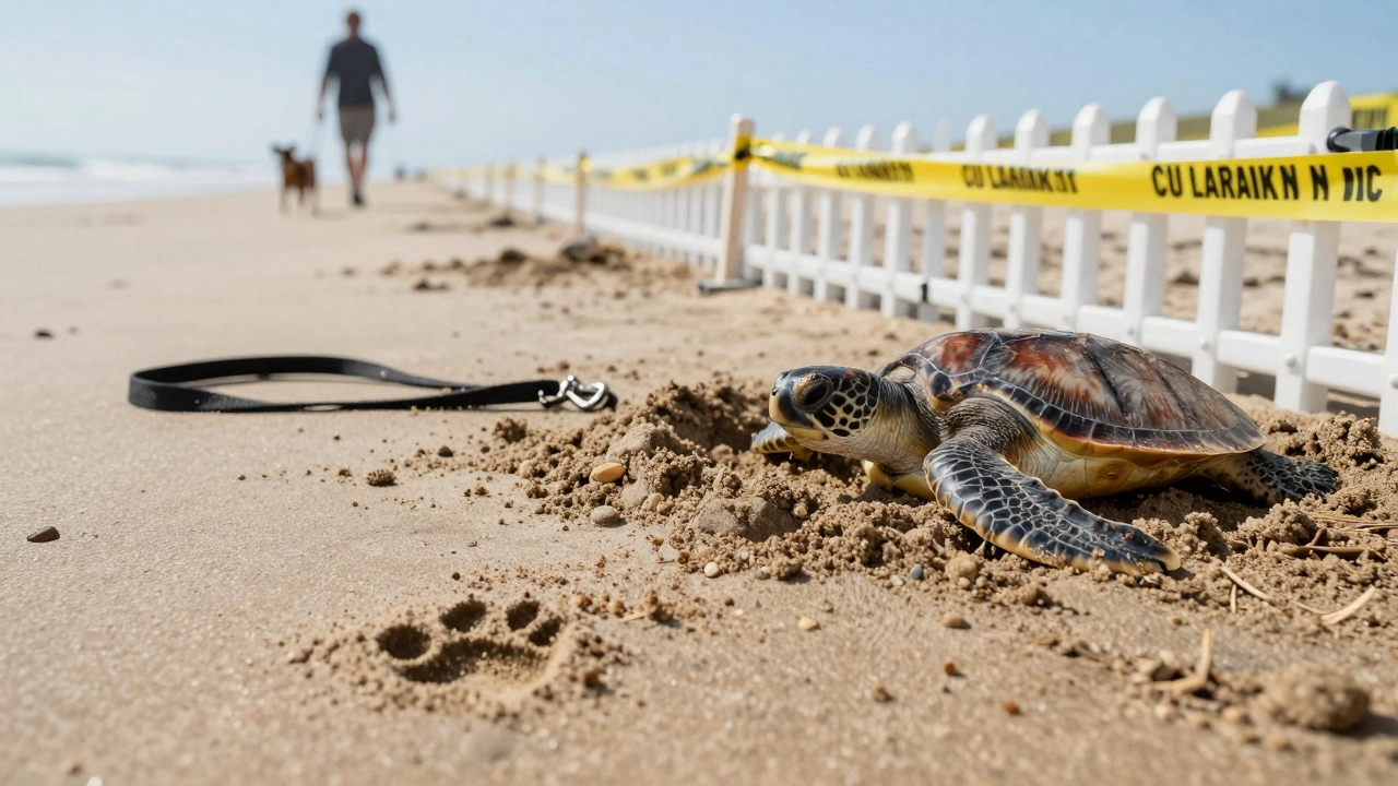 Dog paw print next to protected sea turtle nest with caution tape under summer sky.